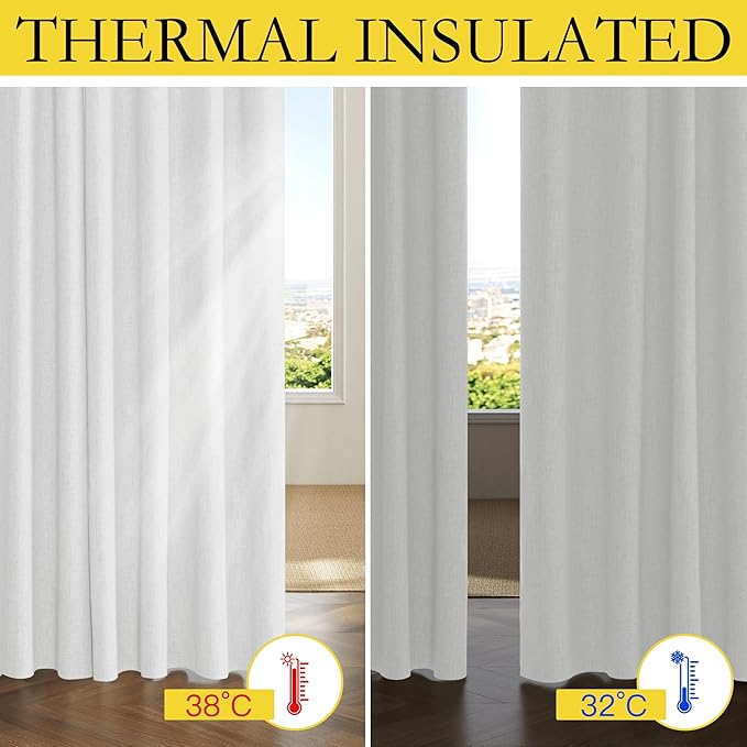 NICETOWN 100% Absolutely Blackout Linen Curtains with Thermal Insulated Liner, Greyish White, 42" Wide, 72" Length Energy Saving Curtains for Classroom 2 Panels Set, Vertical Blinds