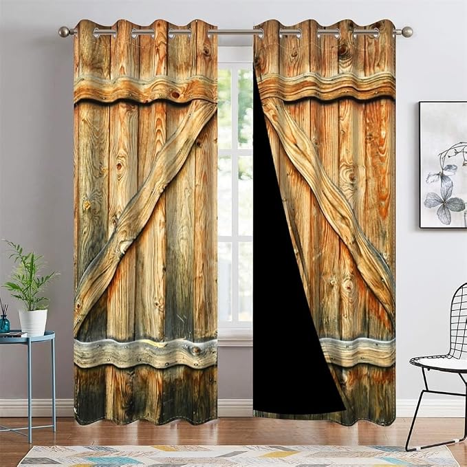 Closed Door Barn Door Curtains Rustic Vintage Wood Door Wooden Plank Window Curtains Farmhouse Countryside Living Room Kitchen Curtain Drapes Treatments Grommets Top,53x96 inch,2 Panels