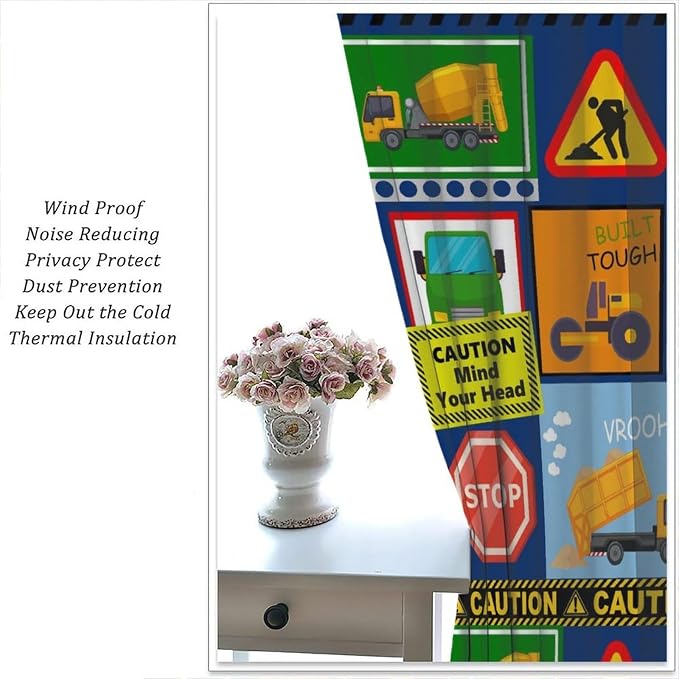 Kids Construction Blackout Curtain,Equipment Trucks Cartoon Car Vehicles Green Plaid Window Curtains Dining Room Living Room Kitchen Cafe Bedroom Office Nursery Drapes,42x54 in