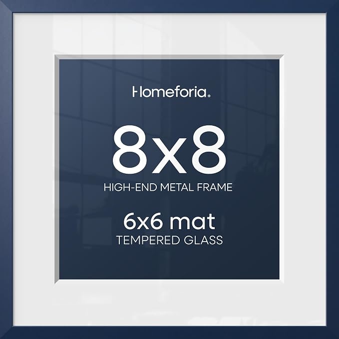Homeforia Navy Blue Frame 8x8, High End Metal 8 x 8 Square Picture Frames with Mat 6 x 6 Art, 8x8 Photo Frame Matted to 6x6 inch Print, 8by8 Wall or Tabletop Frames, Tempered Glass, Wall Kit, Set of 2