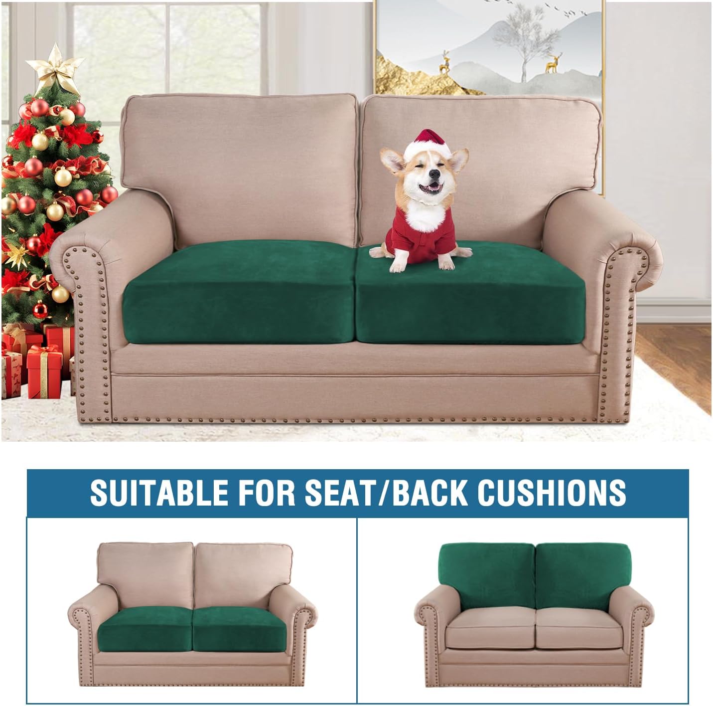 H.VERSAILTEX Velvet Stretch Couch Cushion Cover Plush Cushion Slipcover Cushion Furniture Protector Seat Cushion Sofa Cover (2 Piece Large Sofa Cushion Covers, Vintage Green)