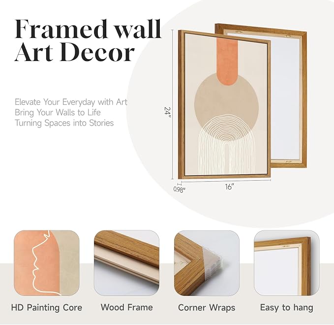 3 Piece Framed Abstract Boho Canvas Wall Art for Living Room, Large Mid Century Modern Geometric Line Prints Paintings, Neutral Minimalist Beige Orange Artwork Decor for Bedroom Entryway, 16x24 Inch