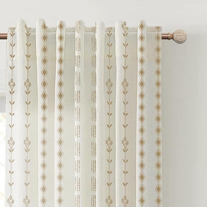 Dark Brown and Cream Beige Sheer Linen Curtains 96 Inches Long,Boho Floral Earthy Room Decor for Living Room 2 Panel Set
