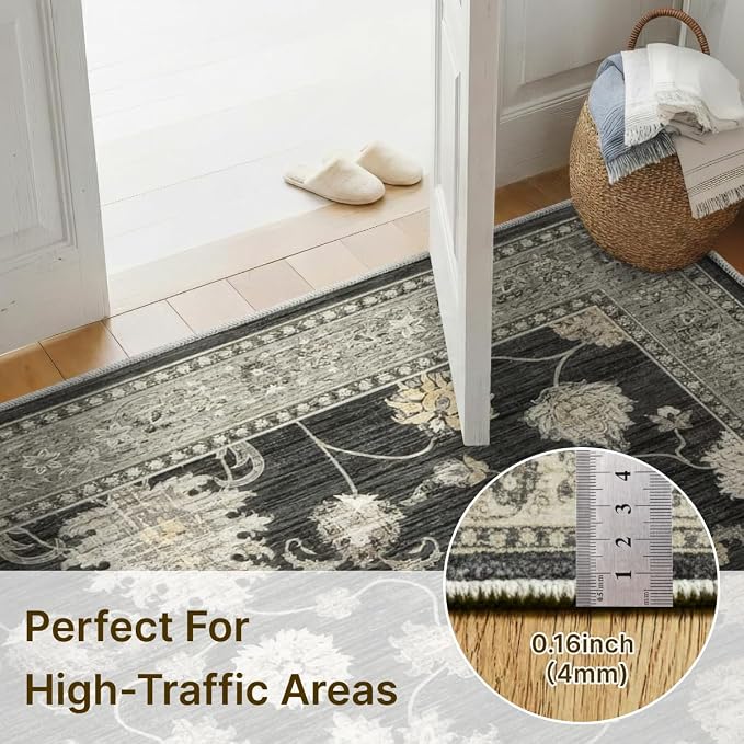 2x3 Rug for Entryway Hallway-Vintage Farmhouse Boho Floral Neutral Washable Stain Resistant Indoor Rugs for Home Decor(Black&Gold)