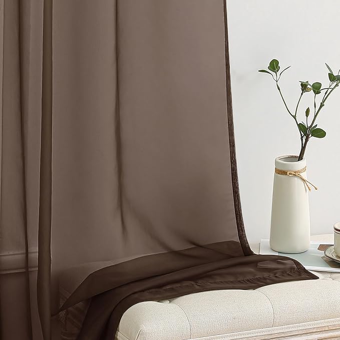 MIULEE Chocolate Brown Sheer Curtains 96 Inches Long 2 Panels, Light Filtering Voile Drapes with Rod Pocket for Bedroom and Living Room Windows