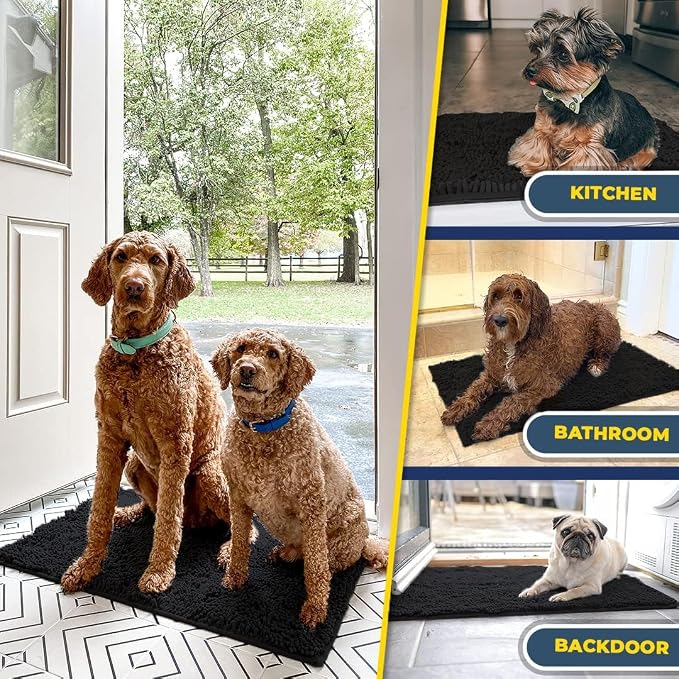 Muddy Mat® | Super Water Absorbent Door Mat Indoor, Microfiber Quick Dry Chenille Entryway Rug, Slip Resistant Front Door Mat, Indoor Mats for Entryway, Machine Washable Pet Rug, Black 36"x72"