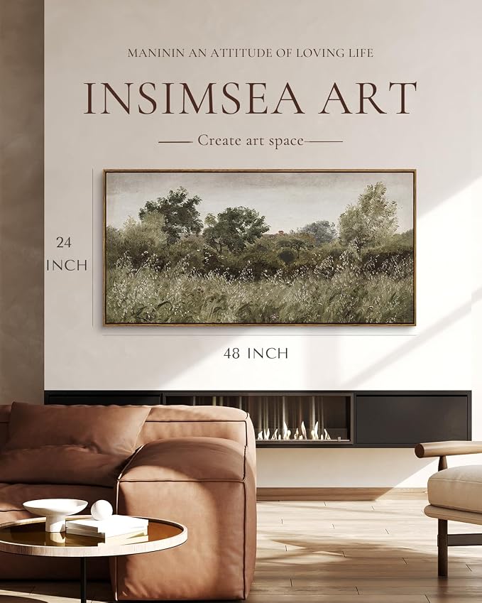 InSimSea Extra Large Framed Vintage Wall Art, Living Room Country Farmhouse Decor, Grassland Landscape Paintings, Canvas Prints, Retro Scenery Long Picture for Bedroom Above of Bed,24x48inch