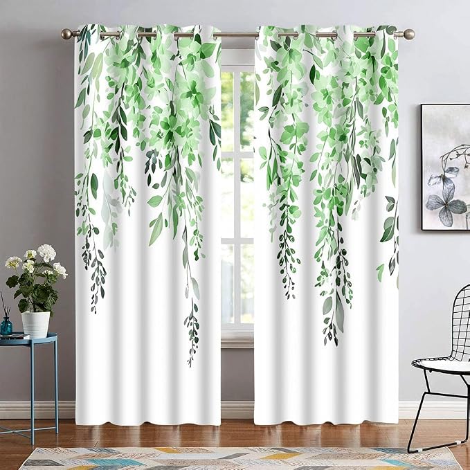 Green Watercolor Floral Curtains 84 inches Long, Botanical Leaves Vine Flowers Rustic Farmhouse Curtains, Blackout Window Treatment Drapes for Bedroom Living Room 52x84inch, 2 Panels