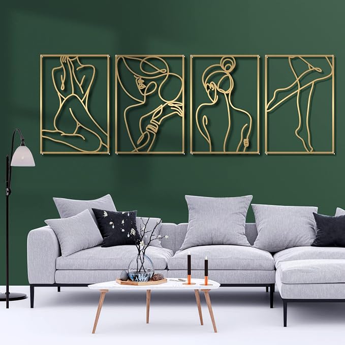 Glamativity Large 4 Pack Gold Wall Art, Minimalist Single Line Art, Real Metal Wall Art, Woman's Body Shape Abstract Art (Gold Elegant Style, L Size 22.5 x 15.7'')
