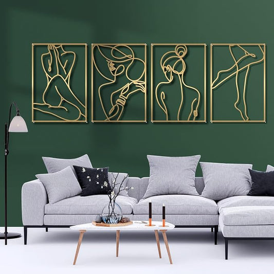 Glamativity Large 4 Pack Gold Wall Art, Minimalist Single Line Art, Real Metal Wall Art, Woman's Body Shape Abstract Art (Gold Elegant Style, L Size 22.5 x 15.7'')