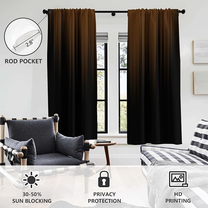 AAtter Brown and Black Ombre Window Curtains, 2 Panels, 42" W x 63" L | Modern Striped Rod Pocket Drapes, Dark Abstract Gradient Style, Moody Masculine Design, Bedroom Decor for Men