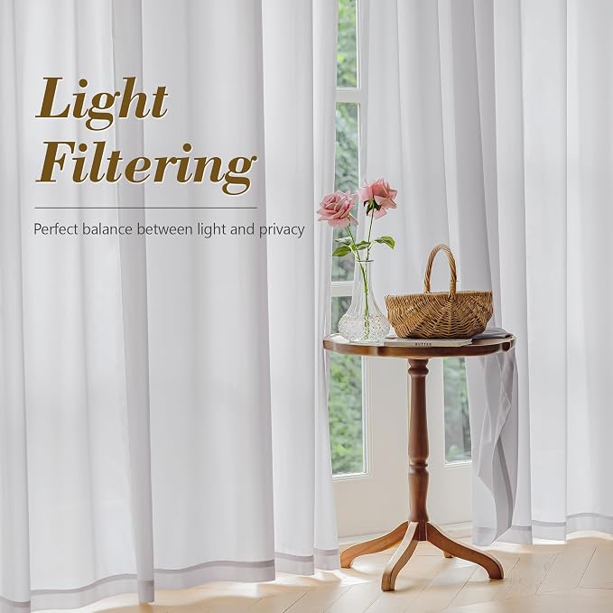 FMFUNCTEX Sheer Non-See-Through Grey Curtains for Bedroom, Faux Silk that Let Light Curtains 63 inches Long Light Filtering Privacy Sheer Window Drapes for Living Room, Rod Pocket 2 Panels Set