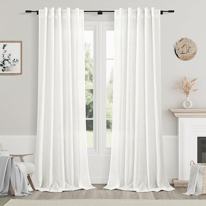 Ivory Linen Curtains 96 Inches Long 2 Panels Set Back Tab Rod Pocket Semi Sheer Light Filtering Window Curtain Drapes Neutral Modern Aesthetic Long Curtains for Living Room Bedroom Decor 40x96