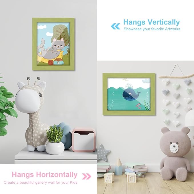 [2-Pack] Kids Art Frames, 8.5x11 Front Opening Kids Artwork Frames Changeable, Soft Yellow Green Artwork Display Storage Frame for Wall, Holds 50 Pcs, for 3D Picture, Crafts, Children Drawing, Hanging