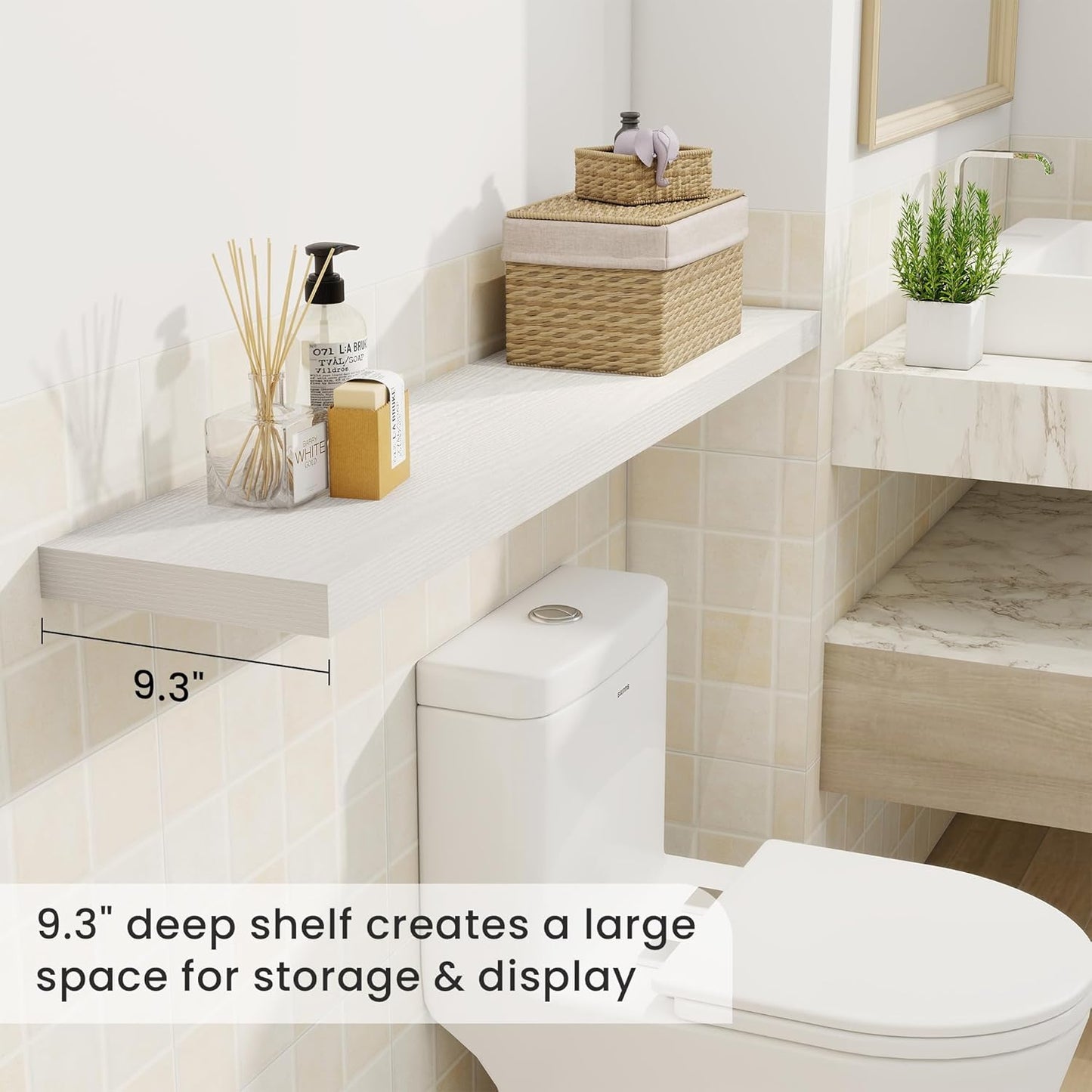 Fun Memories 48 Inch Deep Floating Shelves for Wall, 2 Pack of Long Wall Mounted Wood Shelves with Invisible Brackets for Bathroom, Bedroom, Living Room, Kitchen Decor and Storage, White