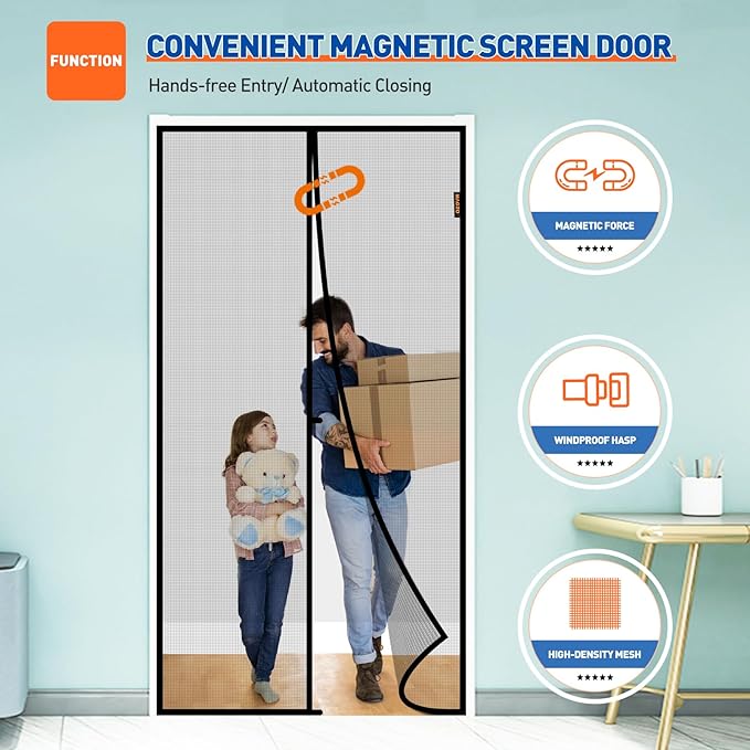 MAGZO Magnetic Screen Door Fit Door Size 38 x 99 Inch, Screen Size 40" x 100" Strong Magnets Mesh, Reinforced Fiberglass Net for Patio and Front Entrances, Gray