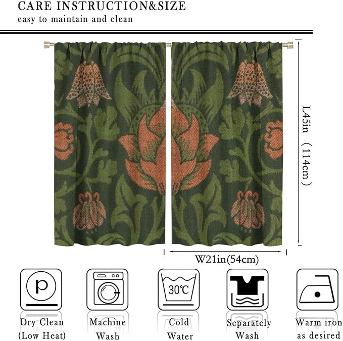 Vintage Bohemia William Morri Plant Flowers Blackout Window Curtains, Abstract Art Retro Plants Pattern Print Window Drapes, for Bedroom Living Room 21(W)*45(L) 2 Panels