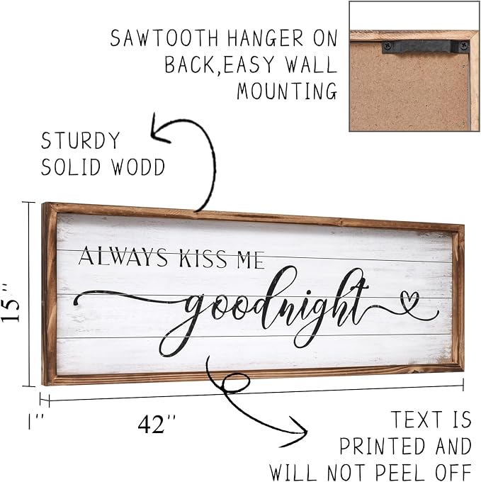 Large Above Bed Wall Decor Bedroom Sign Bedroom Decor with Solid Wood Frame for Couples, Always Kiss Me Goodnight Sign for Bedroom, Love Theme Wall Decor 42''×15''