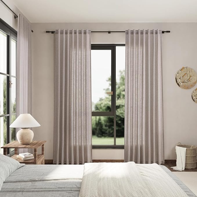 Nanspring Brownish Grey Linen Curtains for Living Room 95 Inches Long Back Tab Light Filtering Semi Sheer Curtain Modern Farmhouse Decor for Bedroom Office Luxury Textured Drapes 52x95, 2 Panels