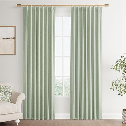 Joywell 100% Blackout Linen Curtains 96 Inches Long for Bedroom 8 FT 2 Panels Set Black Out Curtain Thermal Insulated Drapes for Sliding Glass Door Window Back Tab Hook Belt,52 x 96,Light Sage