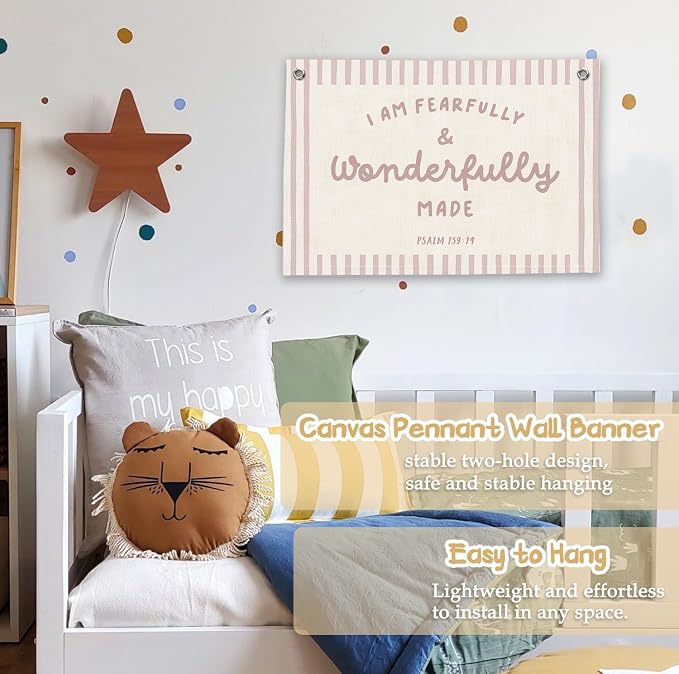 RTXLEZM Girls Room Decor,I Am Fearfully and Wonderfully Made Banner | Pink Christian Nursery Decor,Christian Canvas Banner Wall Hanging,Religious for Kids Room Classroom Bedroom Playroom, 20x30