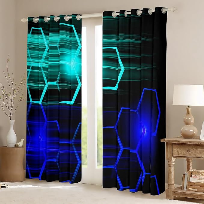 Feelyou Honeycomb Curtains for Bedroom Living Room Girls Geometrical Blackout Curtains Beehive Darkening Drapes (2 Panels, 52 x 84 Inch) Decor Light Blue and Blue Ombre Window Treatments