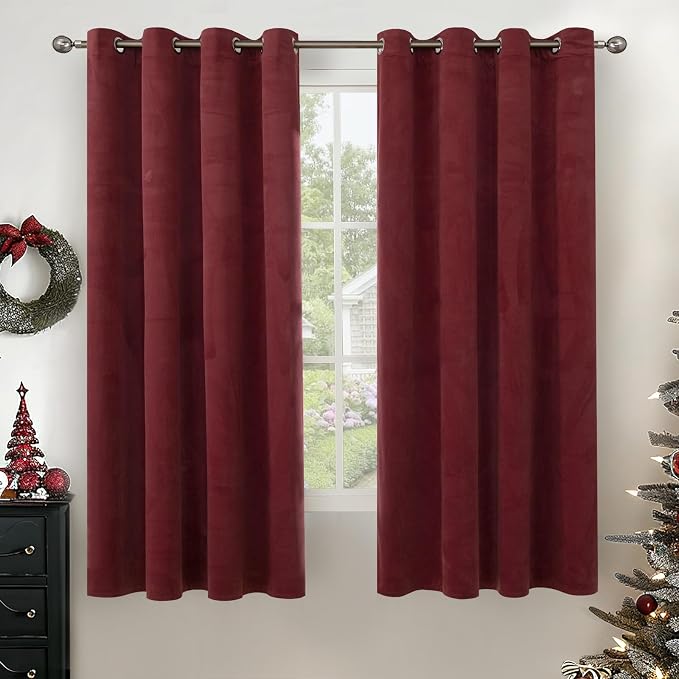 YoungsTex Burgundy Velvet Blackout Curtains 63 Inches Length for Living Room, Grommet Thermal Insulated Window Drapes Privacy Decor for Bedroom, 2 Panels, 52 X 63 Inch