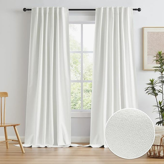 KEQIAOSUOCAI Blackout Natural Curtains 108 Inch Length, Modern Curtains Back Tab, Pleated Panels for Living Room Track System (50x108, 2 Pcs, Birch/Ivory)