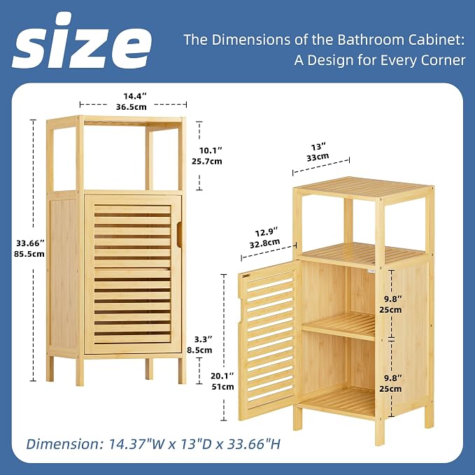 HITNET Bathroom Cabinet Freestanding, Small Bamboo Floor Cabinet, 4 Tier Single Door Sofa Side Table Storage Organizer, Space Saving Kitchen Cupboard, Natural