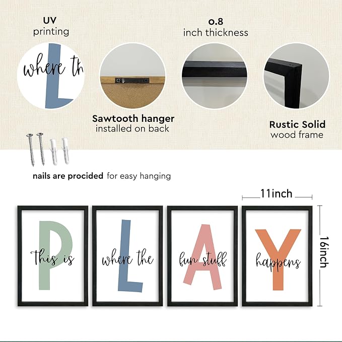 This Is Where Fun Stuff Happens Kids Playroom Wall Decor PLAY Quote Art | Motivational Prints for Nursery, Black Wood Frame, Set of 4, 11x16 Inches , Let's Play Sign for Toddler Boys, Ready to Hang