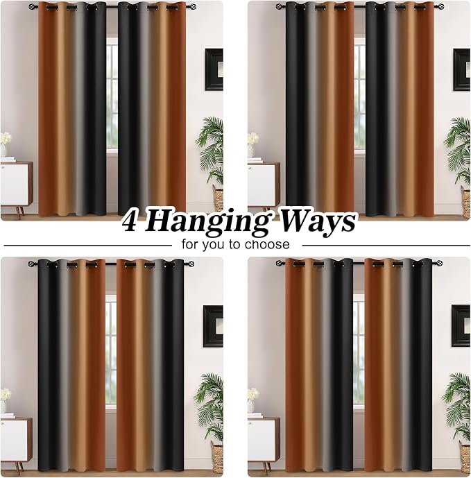 Yakamok Blackout Ombre Burnt Orange and Black Curtains-Gradient Room Darkening Curtain, Grommet Thermal Insulated Light Blocking Window Drapes Curtain for Living Room Bedroom,52 x 72 Inch,2 Panels