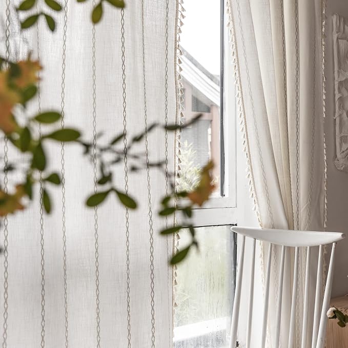 RoomTalks White Modern Farmhouse Textured Curtains for Bedroom Living Room 63’’L x 52’’W Light Filtering French Country Boho Chic Tassel Window Curtain Panels Striped Bohemian Draperies