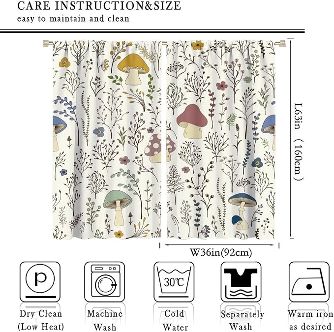 Mushroom Curtains,Colorful Plant Forest Botanical Print Window Treatments for Bedroom Living Room Kitchen Cartoon Herbs Floral Window Drapes 2 Panels Set,Total Size 72 x 63 Inch
