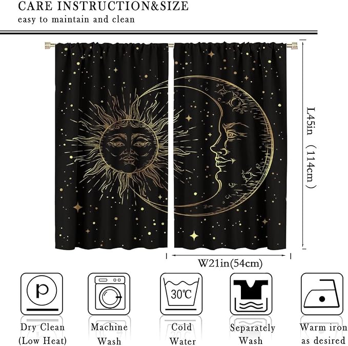 Gold Sun and Moon Blackout Windows Curtains, Fantasy Mandala Bohemian Universe Galaxy Printed Curtains, for Living Room Bedroom 42x45in 2 Panels