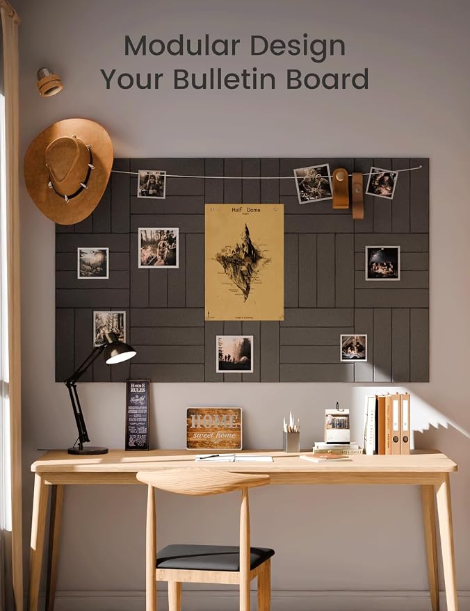 Fluxynara Felt Bulletin Board Tiles Large 48"x36"Cork Board Alternative-12 Pack with 64 Adhesive Tabs, Thick Slat Wall Panels for Office Decor, Push Pin Board Wall Organizer Alternative-Charcoal Gray