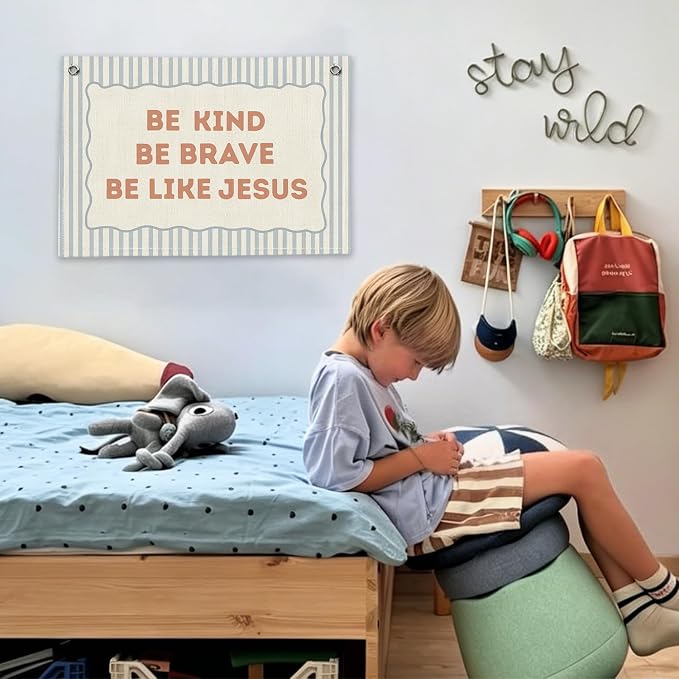RTXLEZM Christian Nursery Decor,Be Kind Brave Be Like Jesus Banner | Inspirational Bible Verse Wall Hanging Decor for Toddler Boys Room Classroom Bedroom Playroom 20x30 Inch