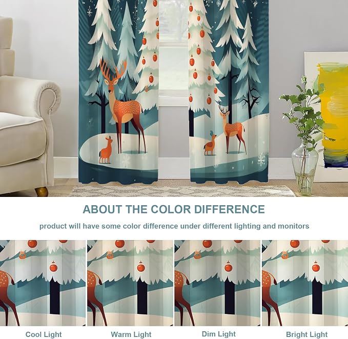 Shrahala Christmas Tree Elk Thermal Insulated Blackout Window Curtains, Red Ball Snowflake Blue Background Long Drapes for Bedroom/Living Room with Plastic Grommet, 52X84 Set of 2