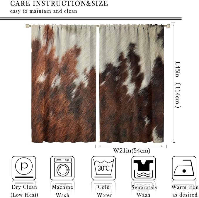 Cow Print Blackout Curtain,Animal Fur Skin Brown White Cowhide Western Rustic Farmhouse Window Treatments Rod Pocket Curtain for Bedroom Living Room Kitchen Decor Drapes 42x45in