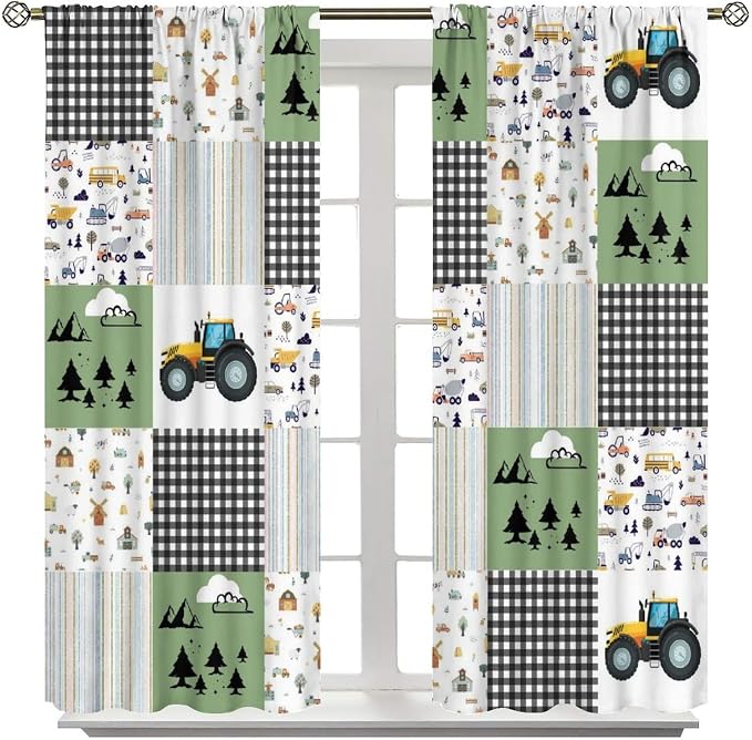 Cartoon Car Blackout Curtain,Kids Construction Truck Tractor Grid Stripes Farm Rustic Curtains Dining Room Living Room Kitchen Cafe Bedroom Office Nursery Drapes,52x96 in