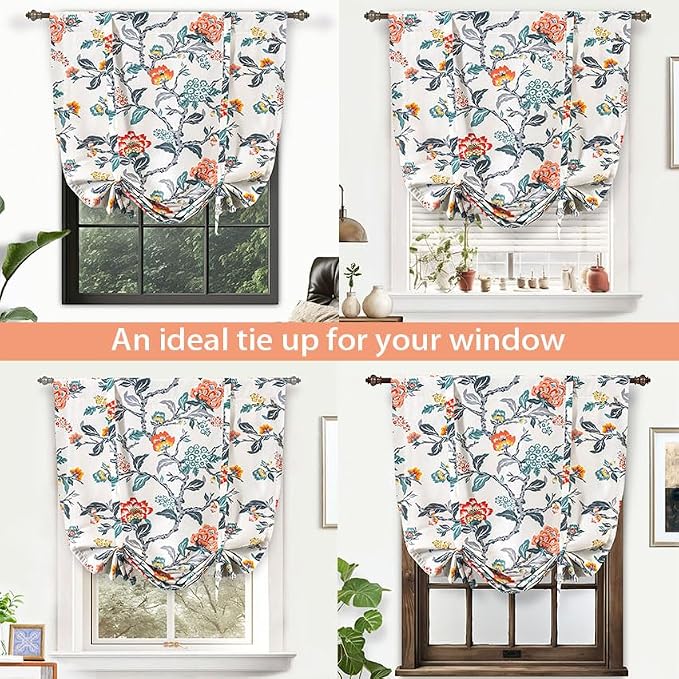 DriftAway Ada Floral Botanical Print Flower Leaf Lined Thermal Insulated Room Darkening Blackout Tie Up Window Curtains 2 Layers Each 39 Inch by 55 Inch Ivory Orange Teal