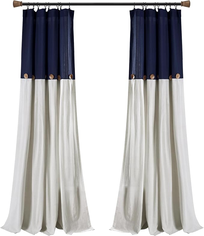 Lush Decor Linen Button Window Curtain Panel, Single, 40" W x 95" L, Navy & Off-white - Country Curtains - Rustic Decor - Color Block Modern Farmhouse Curtains For Living Room, Bedroom & Dining Room