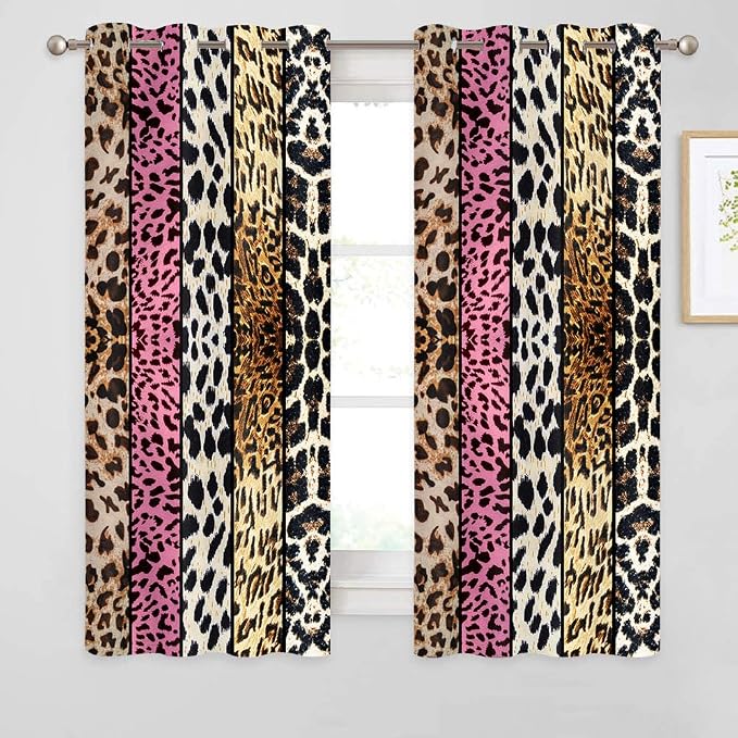 Wild Animal Print Curtain, Room Darkening Thermal Insulated Blackout Leopard Boa Window Drapes with Grommets for Living, Dining, Bedroom, Pink Leopard Print, 52"x 63", 2 Panels