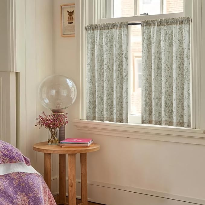 jinchan Floral Linen Tier Curtains Floral Sage on Beige Cafe Curtains 36 Inch Length Kitchen Living Room Bedroom Bathroom Farmhouse Rustic Country Rod Pocket 2 Panels