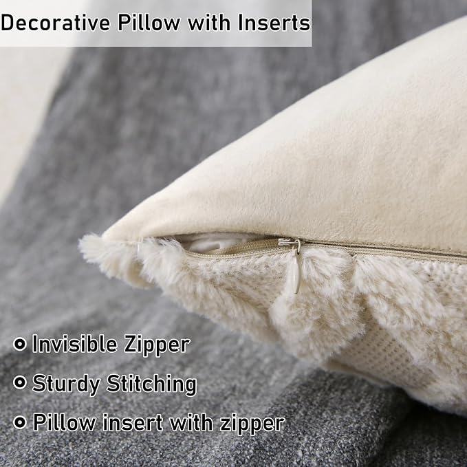 Decorative Throw Pillow with Inserts, Set of 2 Soft Faux Fur Throw Pillows, Square Boho Pillow for Couch, Bed, Sofa Decor (White(18" x 18"))