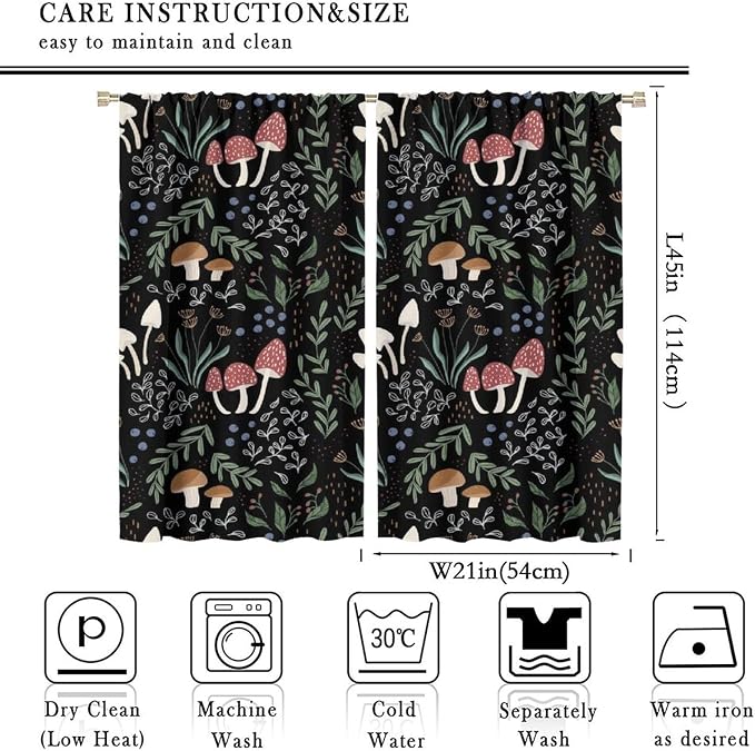 Mushroom Curtains, Cartoon Green Leaves Mushroom Wildflower Plant Botanical Boho Herb Nature Garden Print Blackout Window Drapes for Living Room Kids Bedroom 42x45 Inch