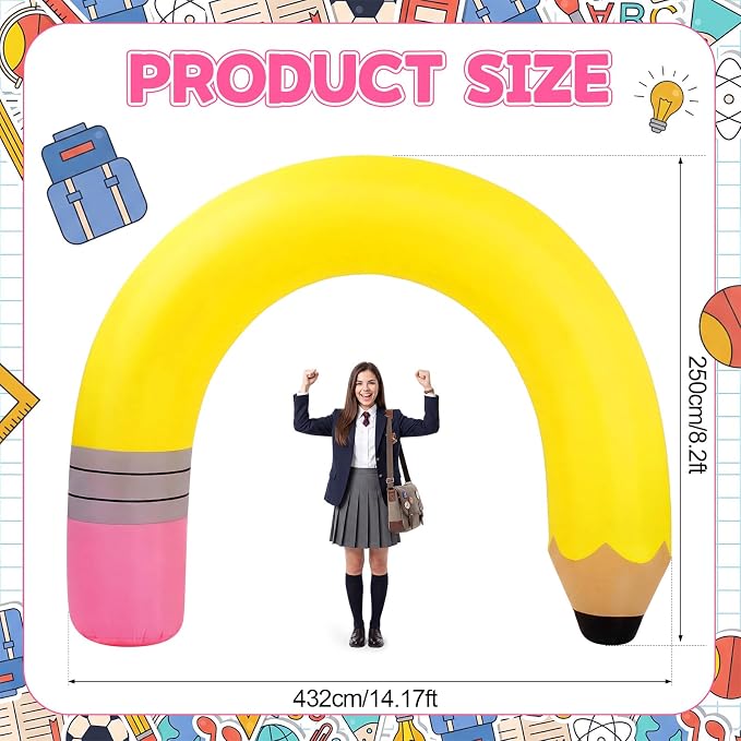 RattanView 8 ft Back to School Pencil Inflatable Arch Yard Decoration Kindergarten Inflatables Arch Preschool Large Yellow Pencil Blow up with LED Lights for Outdoor Lawn Garden Backdrop Photo Props