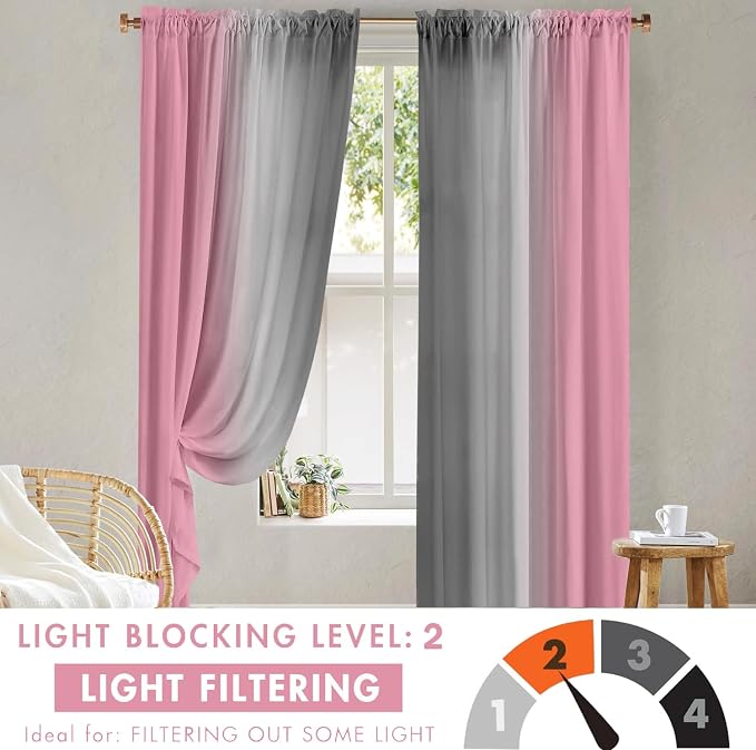 Pink Curtains 84 Inch Length 2 Panel Set Pink and Grey Ombre Curtains for Living Room Bedroom Farmhouse Ombre Light Filtering Window Curtain Modern Abstract Gradient Drapes