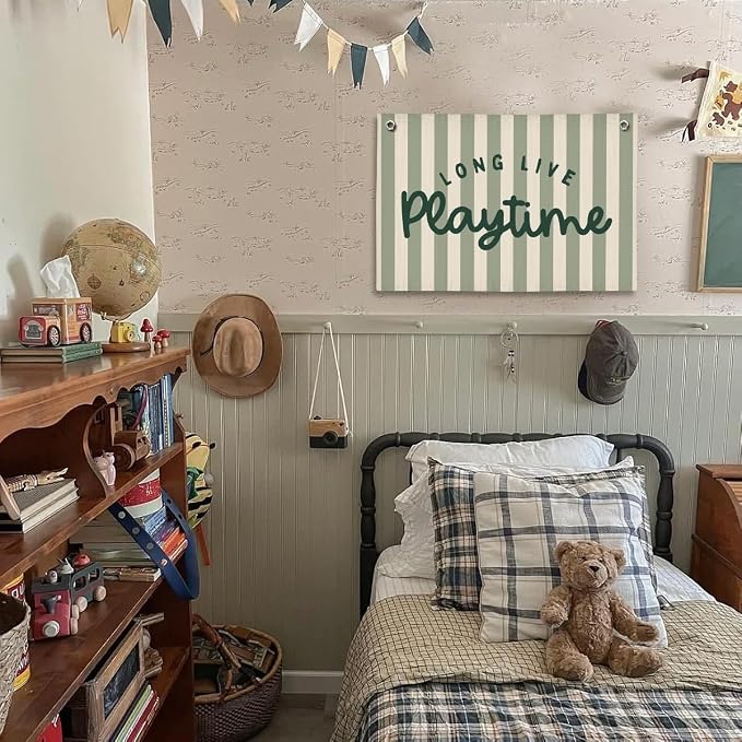 Playroom Decor, Long Live Playtime Wall Hanging Linen Banner, Green Striped Wall Flag for Play Room Decor, 20x30 Inch-Green
