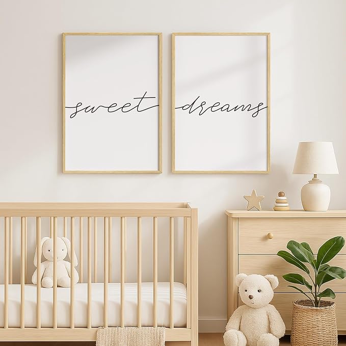 Framed Sweet Dreams Wall Art for Bedroom Decor, Set of 2 Minimalist Quote Canvas Prints, Modern Black and White Typography Artwork for Nursery Guest Room Bedroom Hallway Walls Decor, 16x24 Inch