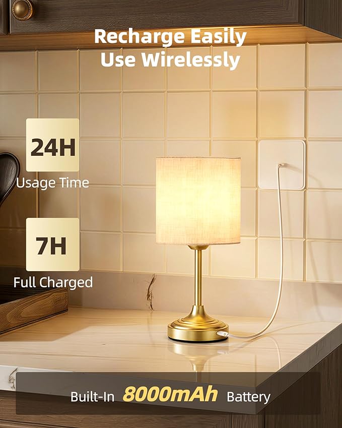 Wireless Lamp, 2-Pack, 8000mAh, Dimmable, Ambient Light, 2700K, Touch Control, Portable, Small, LED, Rechargeable Table, Rechargeable, Cordless, Desk Lamp, Kitchen Lamp, Fabric Shade, for Dining Room